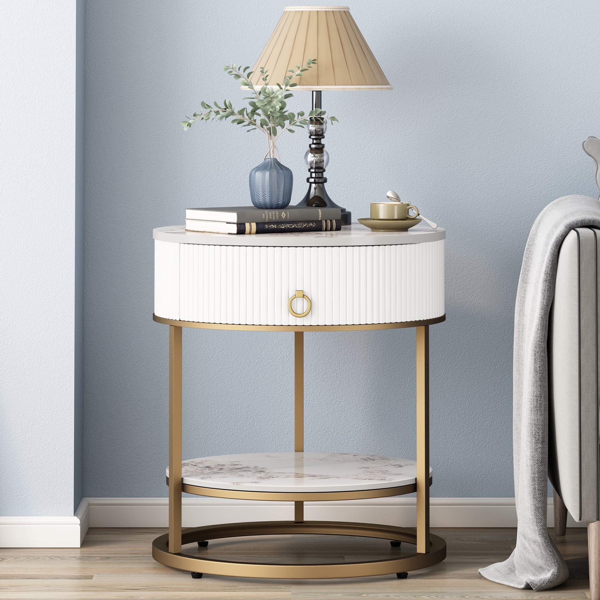 White round bedside 2024 table with drawer