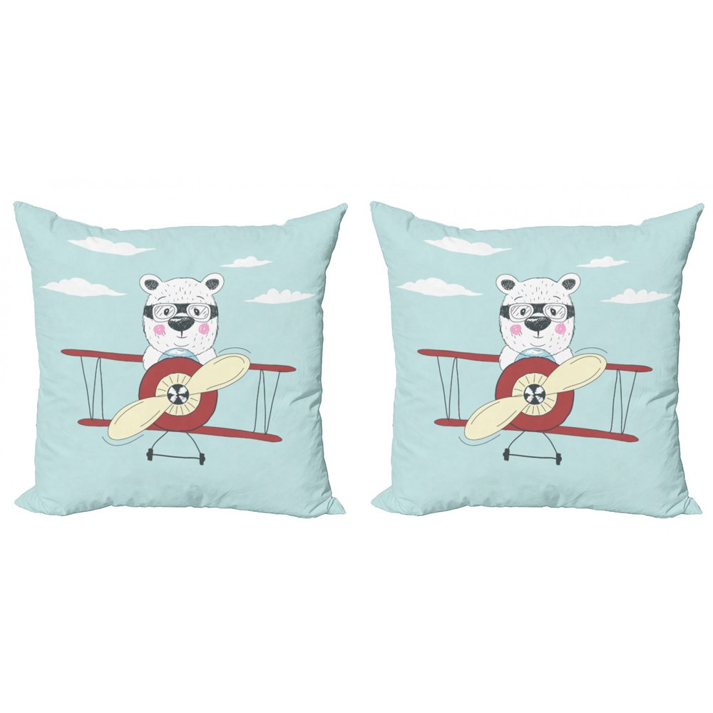 Nursery Throw Pillow Cushion Cover Pack of 2, Hand Drawn Pilot Bear