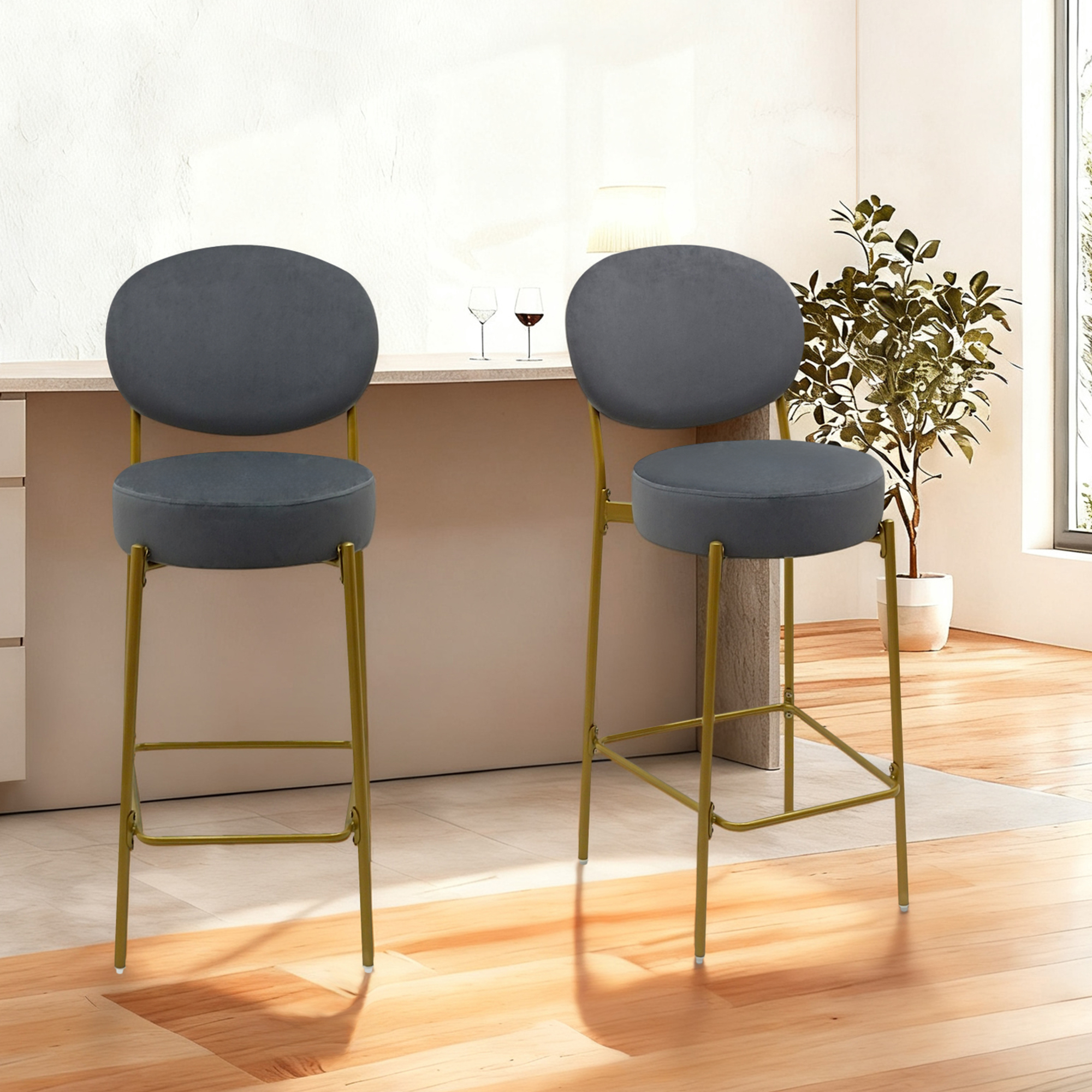 Jopath Set of 2 Velvet Upholstered Bar Stools Round Counter Stool with Backrest & Footrest Dining Chairs for Kitchen Island (Gray)