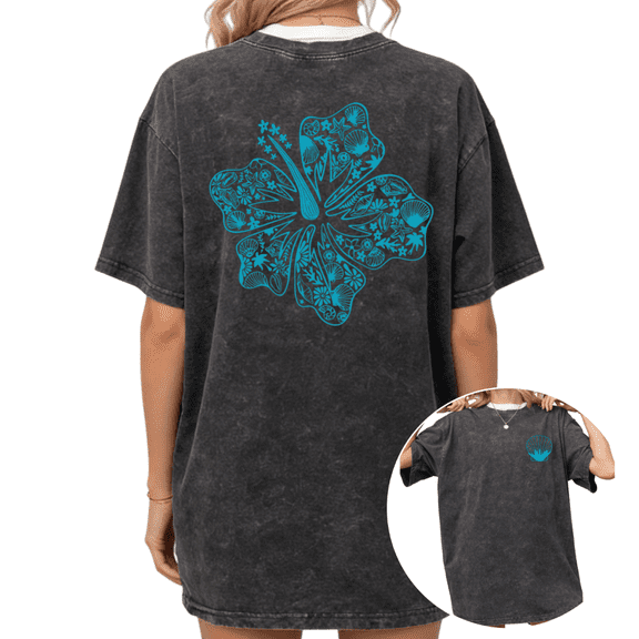 Cozymy Women's Turquoise Hibiscus Ocean Shell Tropical Vintage Washed T-Shirt Short Sleeve Crewneck Distressed Relaxed Fit Coastal Summer Beach Loose Casual Oversized Graphic Tee