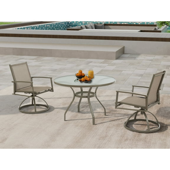 3-Piece Bistro Patio Table and Chairs Set with Tan PVC Sling Swivel Rocker Chairs and Round Cast-Top Outdoor Table, Premium Weather Resistant Outdoor Dining Set for Backyard & Deck