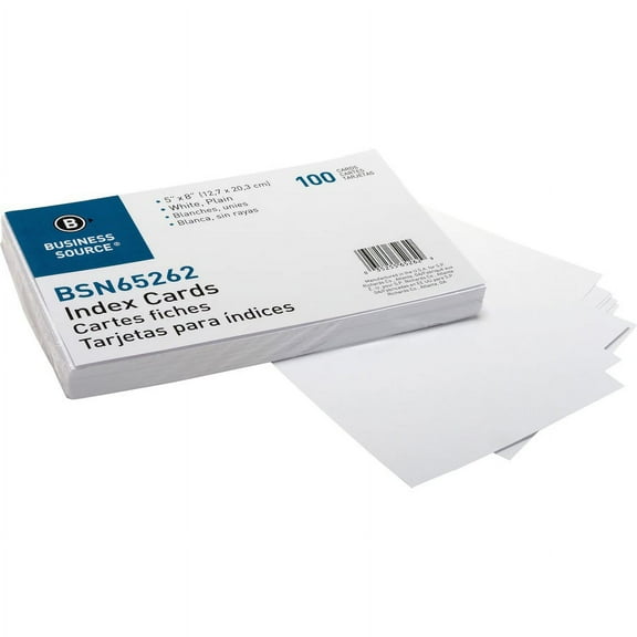Business Source Plain Index Cards - 8" Width x 5" Length - 100 / Pack | Bundle of 2 Packs