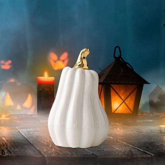Halloween White Ceramic Pumpkin Ornament 3.9"X5.1" Elegant Glossy Desktop Decor For Home Shelf Mantel Fall Decoration