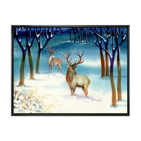 Designart 'Deers With Winter Landscape' Traditional Framed Canvas Wall Art Print