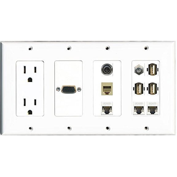 RiteAV - (4 Gang 15A Power Outlet Svga Coax 3 Cat5e USB 3.5mm Rj11-12 Phone Wall Plate