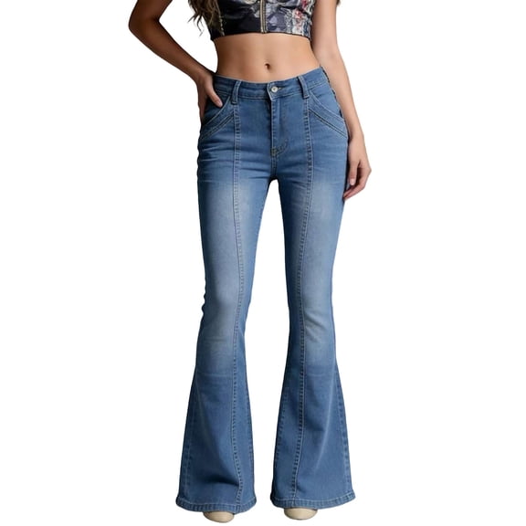 Women's Pants with Pockets,Women's High Waisted Jeans Wide Leg Button Fly Bell Bottoms Flared Solid Color Denim Pants