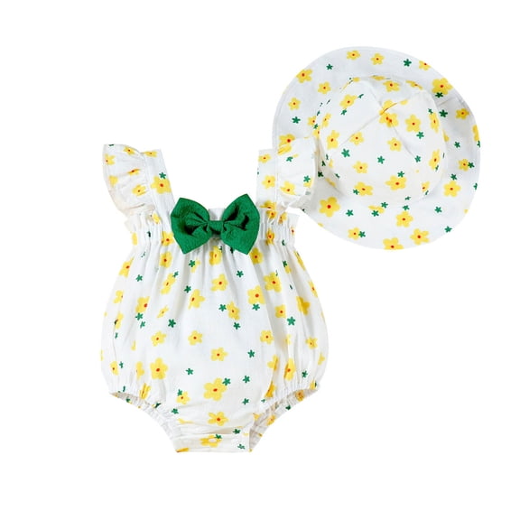 RMGVDSD Baby Girl Clothes Fly Sleeve Floral Romper Newborn Bowknot Bodysuits With Sun Hat Set Summer Cute Infant Girls Clothing Set 9-12 Months