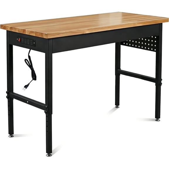 60" Adjustable Height Workbench with Pegboard & Power Outlet – Heavy Duty 2500 lbs Load Capacity, Hardwood Top, Height Range 29.5-38.6" for Garage, Workshop, Office, Home