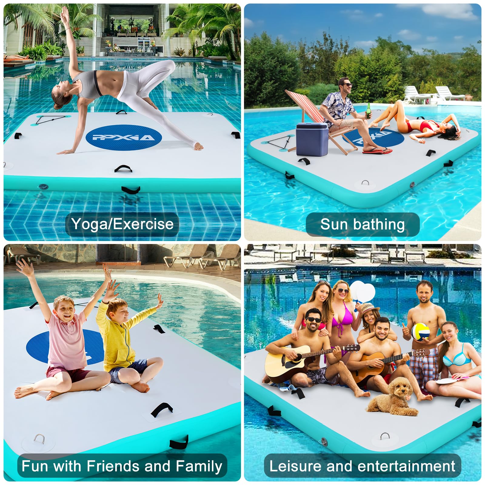 PPXIA Inflatable Floating Dock Mat - 8ft × 5ft Water Platform for Lakes, River, Pool, Ocean - Includes Air Pump