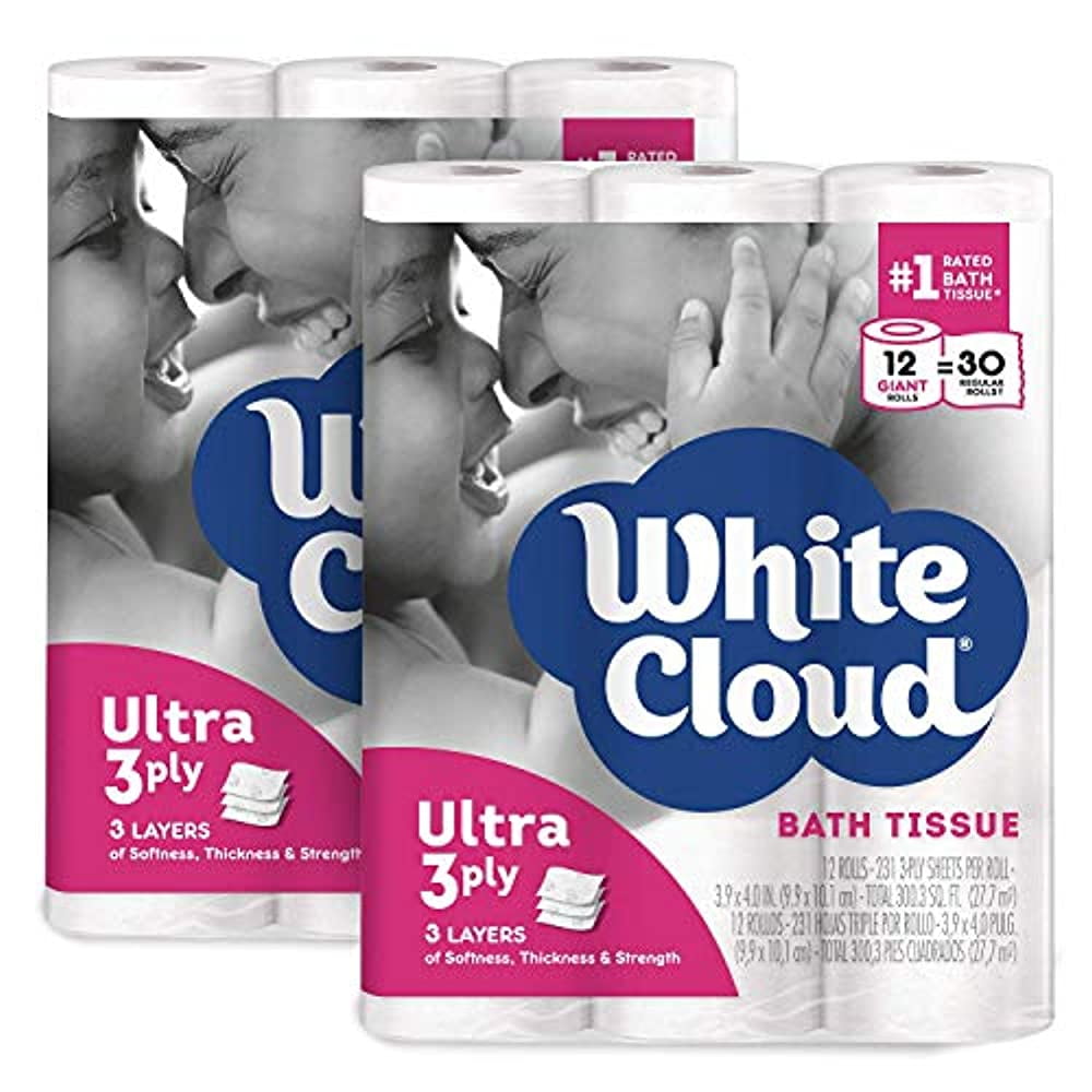 White Cloud Ultra Soft and Thick 3Ply Toilet Paper, 2 Pack of 12 Giant