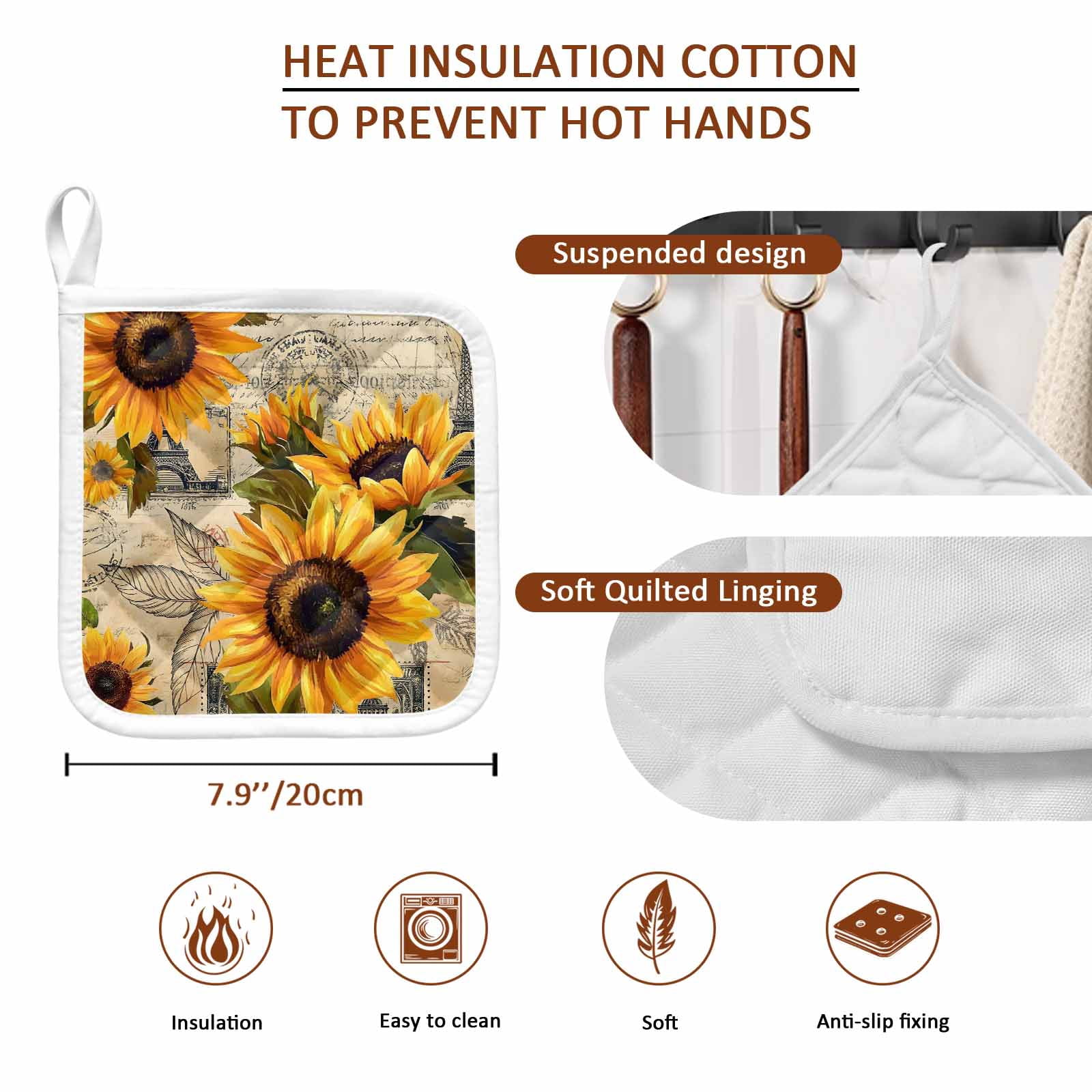 Yellow Sunflower Pot Holders for Kitchen Heatproof Potholder, 3 Pack Watercolor Retro Floral Plant Leaf Hot Pads Multipurpose Oven Pads Cloth Potholders Trivet for Cooking Baking