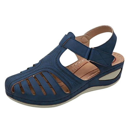 

Penkiiy Woman Summer Casual Sandals Casual Flat Solid Color Loophole Shoes 34 Blue