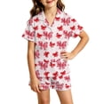 thumbnail image 4 of CAIVO 2 Piece Pajama Sets Girls Lapel Short Sleeve Button Down Shirt With Shorts Casual Loungewear Bowknot Printed Sleepwear For Kids Soft Breathable Summer Nightclothes Pjs, 4 of 4
