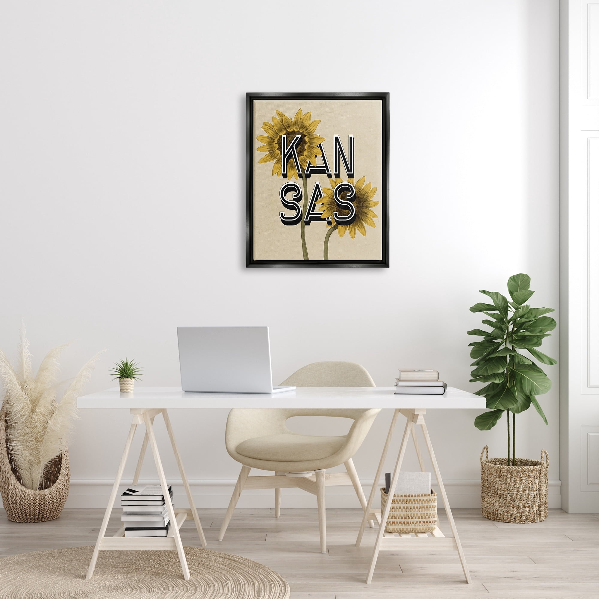 Stupell Industries Kansas Sunflowers Blossoms State Flower Botanicals Graphic Art Jet Black Floating Framed Canvas Print Wall Art, Design by Daphne Polselli