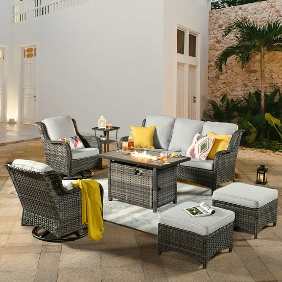 OVIOS 7 Piece Patio Furniture with Fire Pit Table Wicker Outdoor Sectional Conversation Set with Swivel Chair & Patio Couch for Garden Backyard