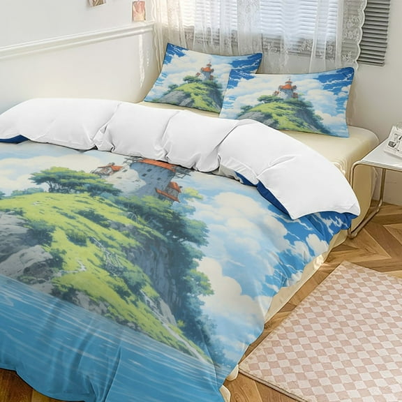 Lighthouse Sunrise Coast Scenery Pale Blue Tan Duvet Cover Set Themed Multicolor Polyester Bedding Set for Bedroom Decoration with 2 Pillow Shams