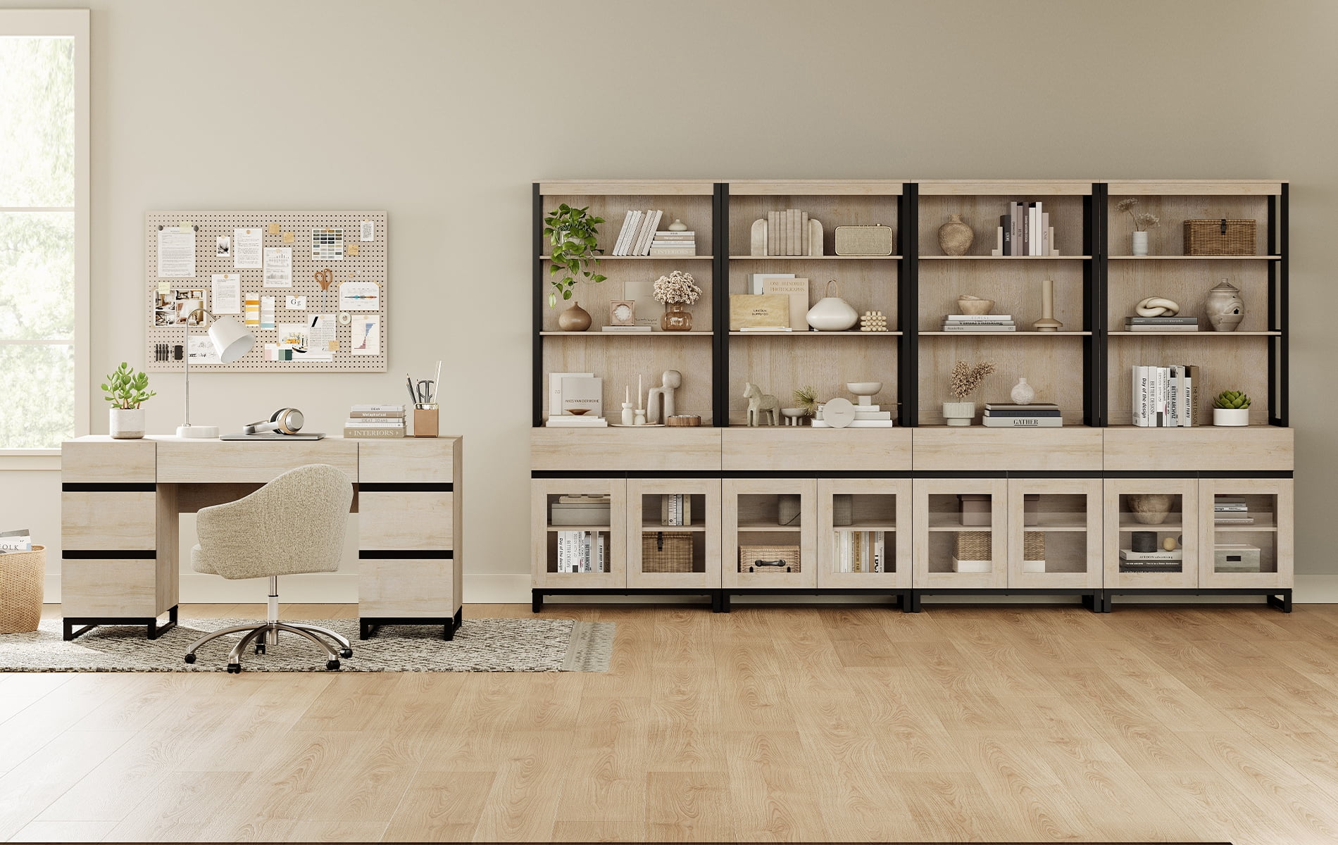 WAMPAT Office Furniture Set: 59in Modern Executive Desk with Charging Station & Drawers and four 72in Tall Bookcases with Storage Cabinet, Home Office Furniture for Living Room, Brown