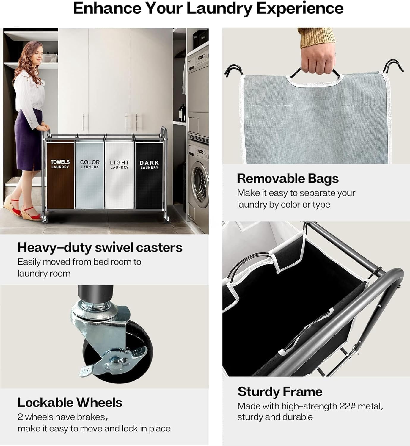 Laundry Hamper Sorter Cart: 4-Section Organizer with Heavy-Duty Lockable Wheels and Removable Bags | 172L Rolling Laundry Basket for Dirty Clothes in Laundry Room or Small Spaces (Multicolor)