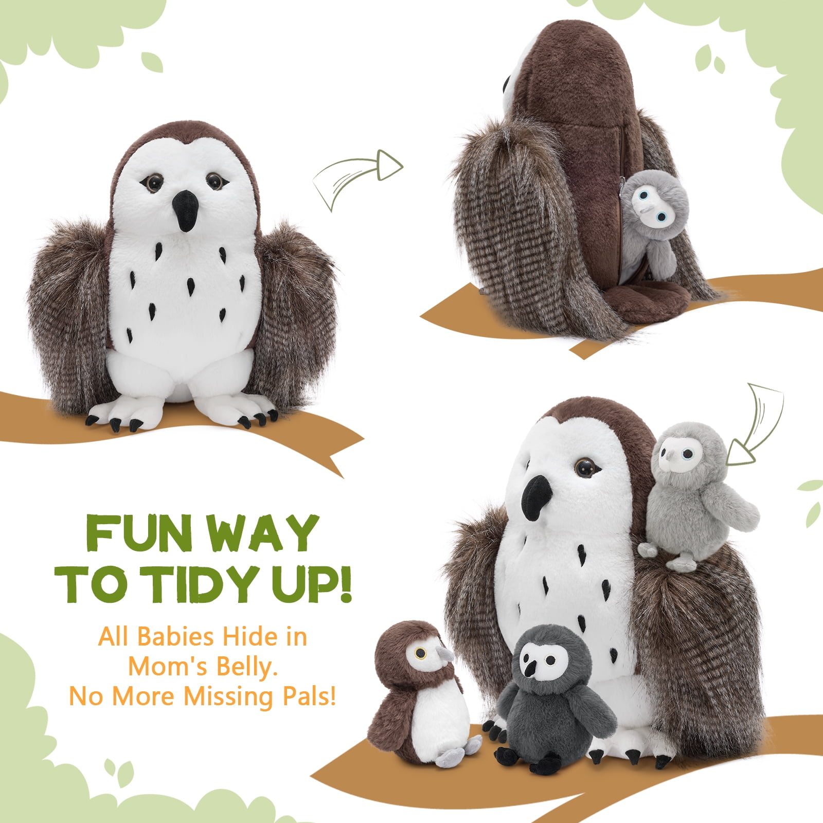 MorisMos 18" Brown Owl Stuffed Animal with 3 Baby Owls Plush Toys