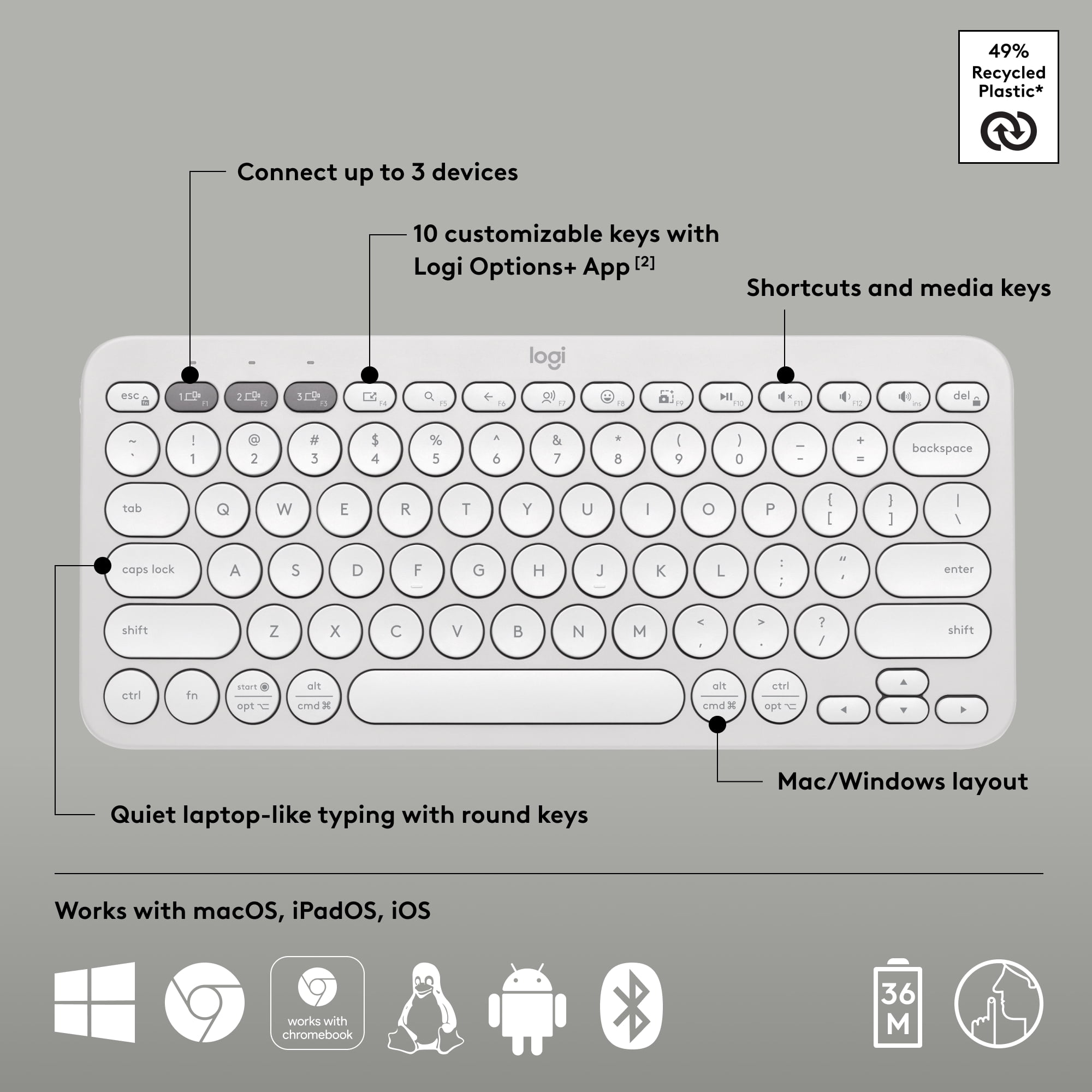 Logitech Pebble Keys 2 K380s, Multi-Device Bluetooth Wireless Keyboard with Customizable Shortcuts, Slim and Portable, Tonal White