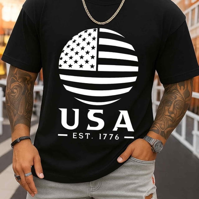 USA Est. 1776 Flag T-Shirt Men's Crew Neck T-shirts Black Gifts Limited Edition Casual Attire, Perfect for the Office, Dates, and Outings Casual Sportswear Summer and Spring Season Suitable as a