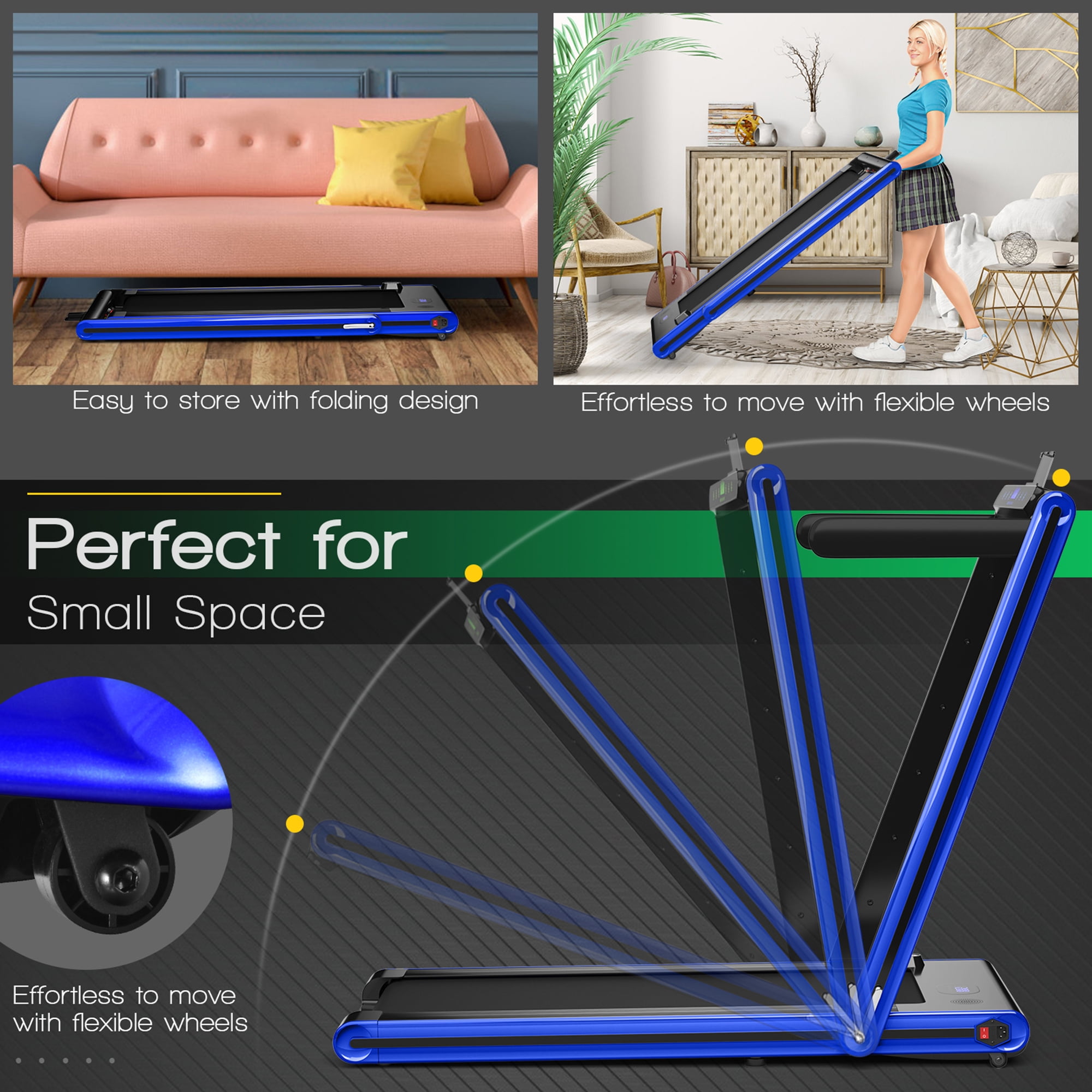 Gymax 2.25HP Folding Treadmill 2-in-1 Walking Running Machine w/ APP & Remote Control Blue