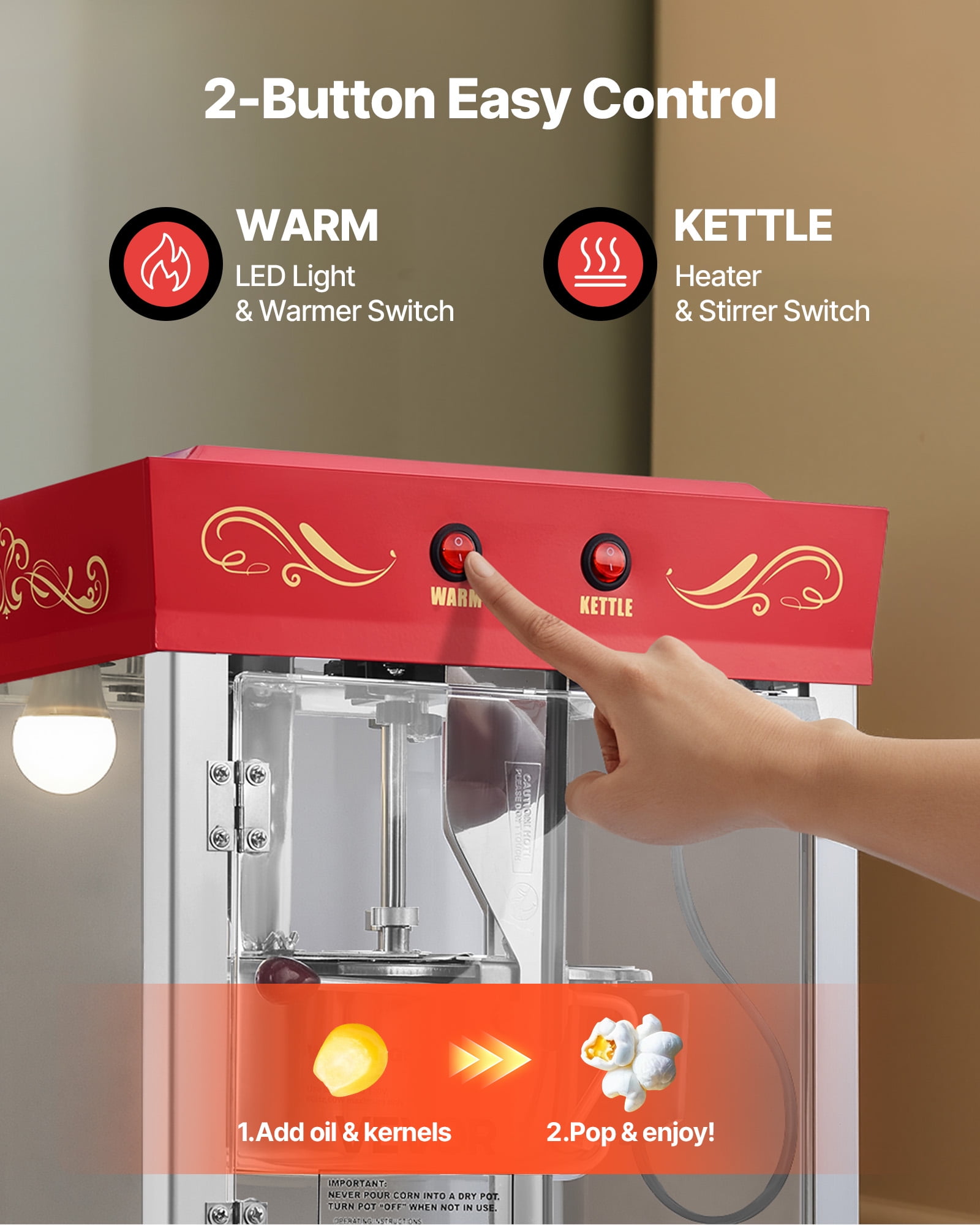 VEVOR Popcorn Machine with Cart, 8oz Stainless Steel Kettle, 800W Commercial Popcorn Maker, 48 Cups per Batch Theater Style Popper, with 2-Button Control Glass Wall PC Door 1 Scoop 3 Spoons, Red