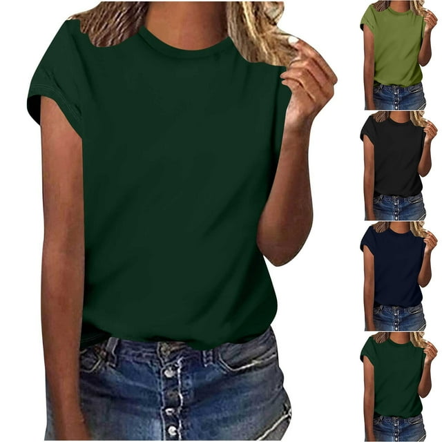 Tops de otoño,Camiseta informal de manga corta para mujer, cuello redondo, corte holgado, blusa lisa para uso diario, sopatenor
