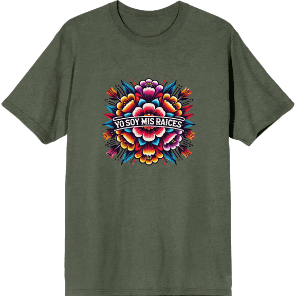 Yo Soy Mis Raices Floral Art Adult Green Crew Neck Short Sleeve Tee-Medium