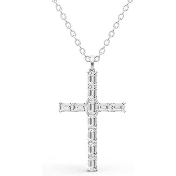 6 Stone Emerald Cut Lab Grown Diamond Cross Pendant With Prong Settings in 14K White Gold - 1 CTTW