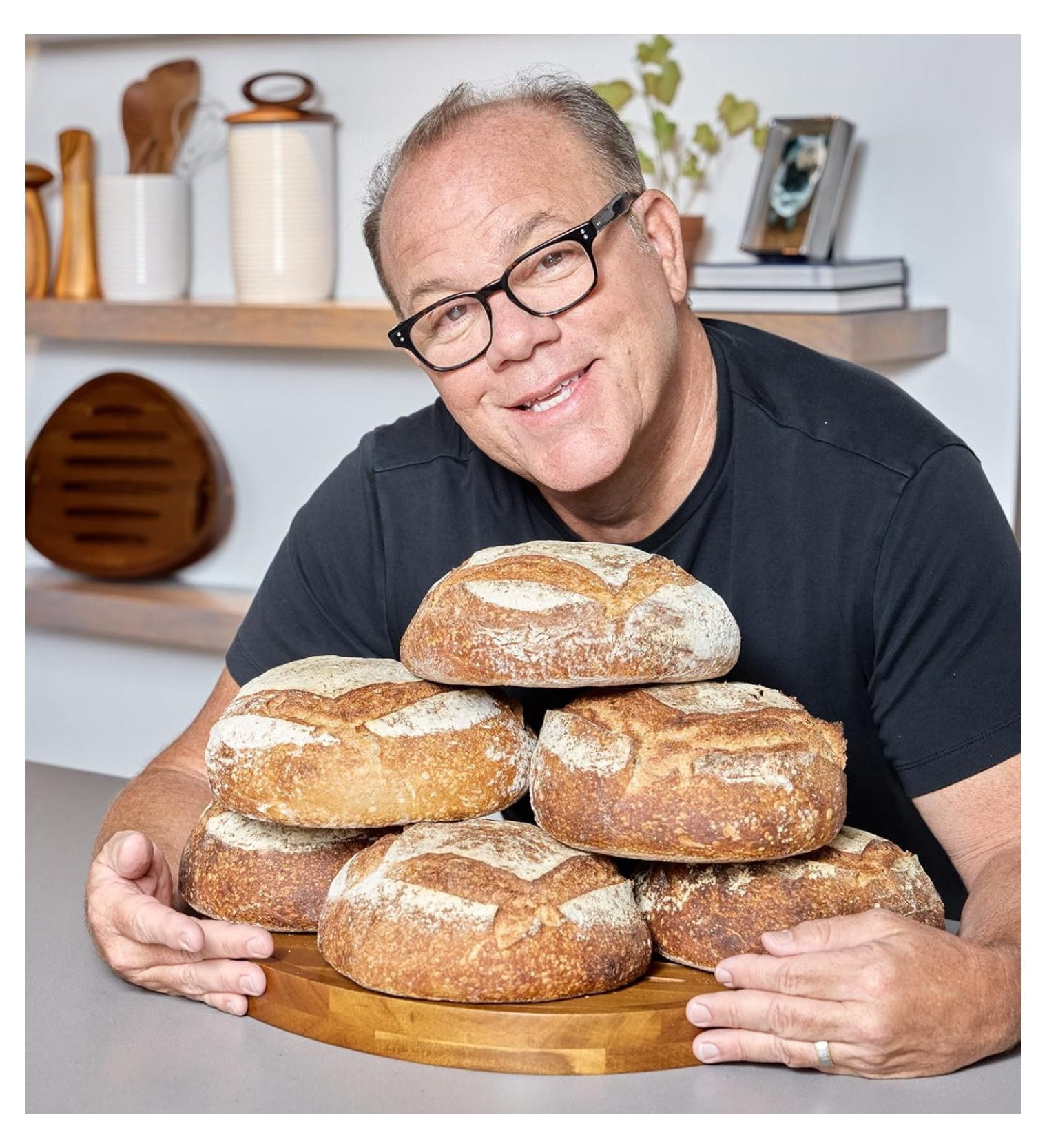 x Tom Papa Breaking Bread Cutting Board, 2-Piece Style Wood Bread Board with Nesting Crumb Tray, -Century Modern Serving Board for Slicing & Entertaining, 11.7” x 16”