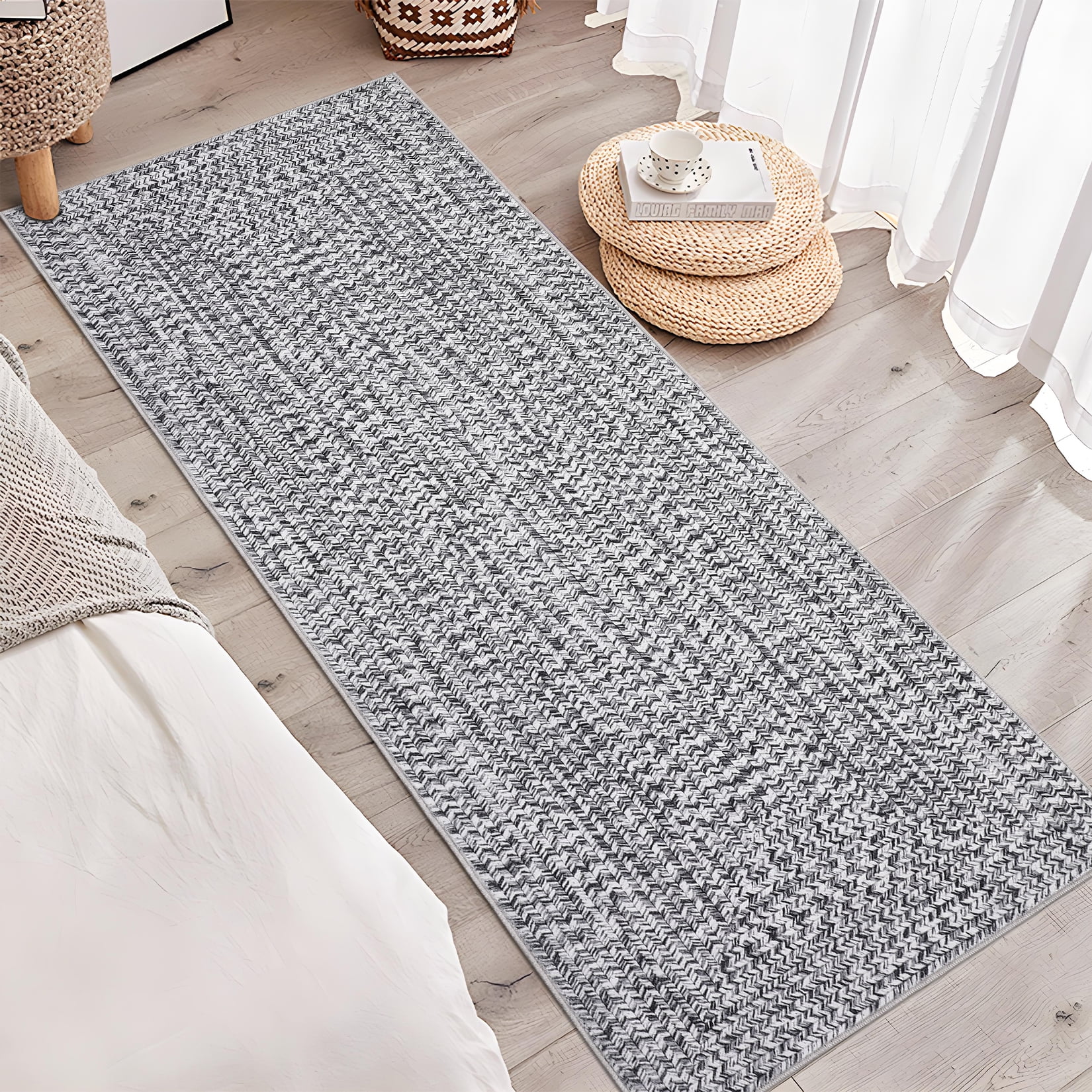 Senfot 2x6 Runner Rug Machine Washable Non-Slip Low Pile Braided Print Indoor Rug for Hallway Kitchen Entryway Bedroom Living Room, Gray