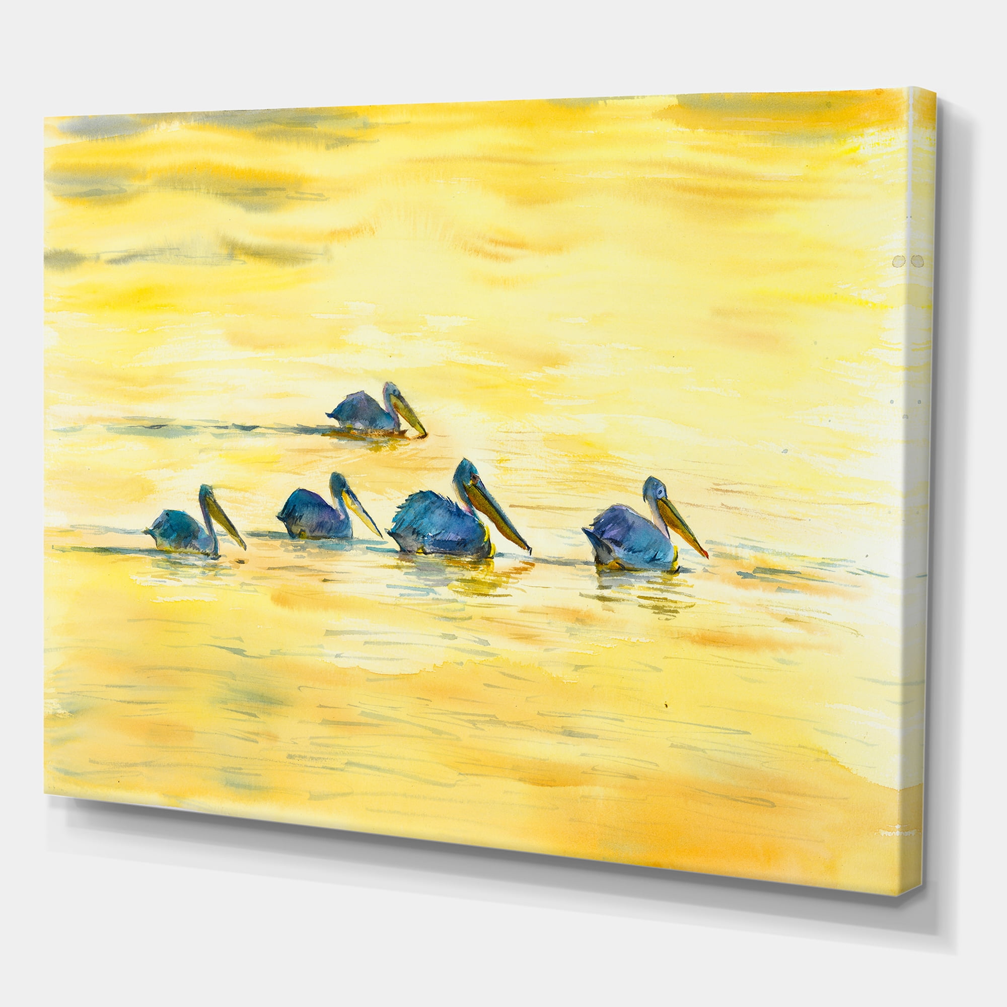 Designart ' Pelicans Birds On The Yellow River ' Farmhouse Canvas Wall Art Print