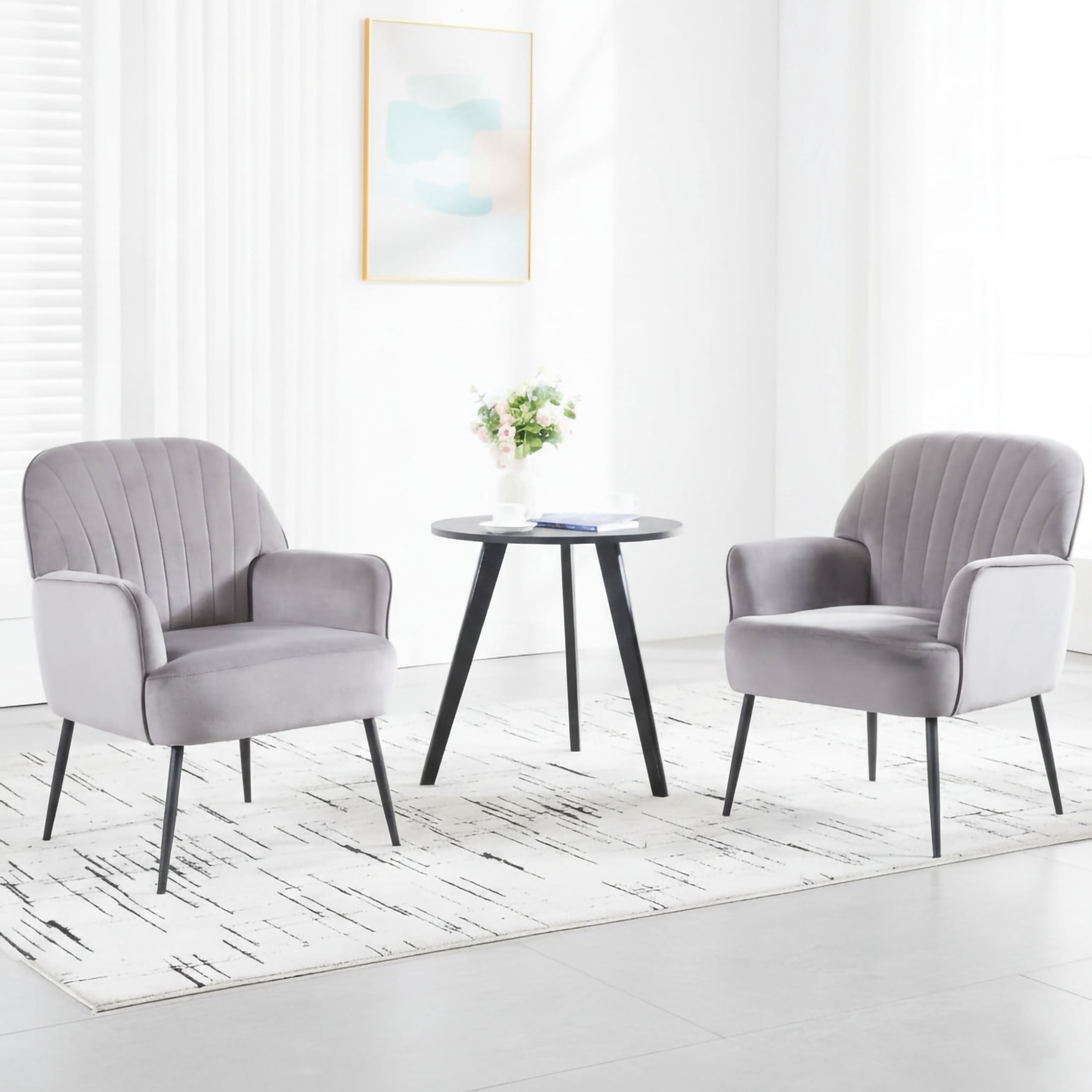 Noble House Ordis Velvet Accent Chair with Shell-Shaped Backrest & Metal Legs, Comfy Barrel Chair for Living Room, Grey