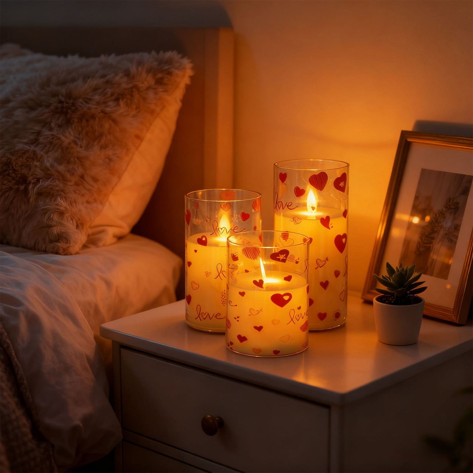 Heart Shape Electronic Flameless Candle With Flickering Wick Set Of 3 Battery Operated Indoor Outdoor Wedding Anniversary Decoration Ambient Light 6Inch