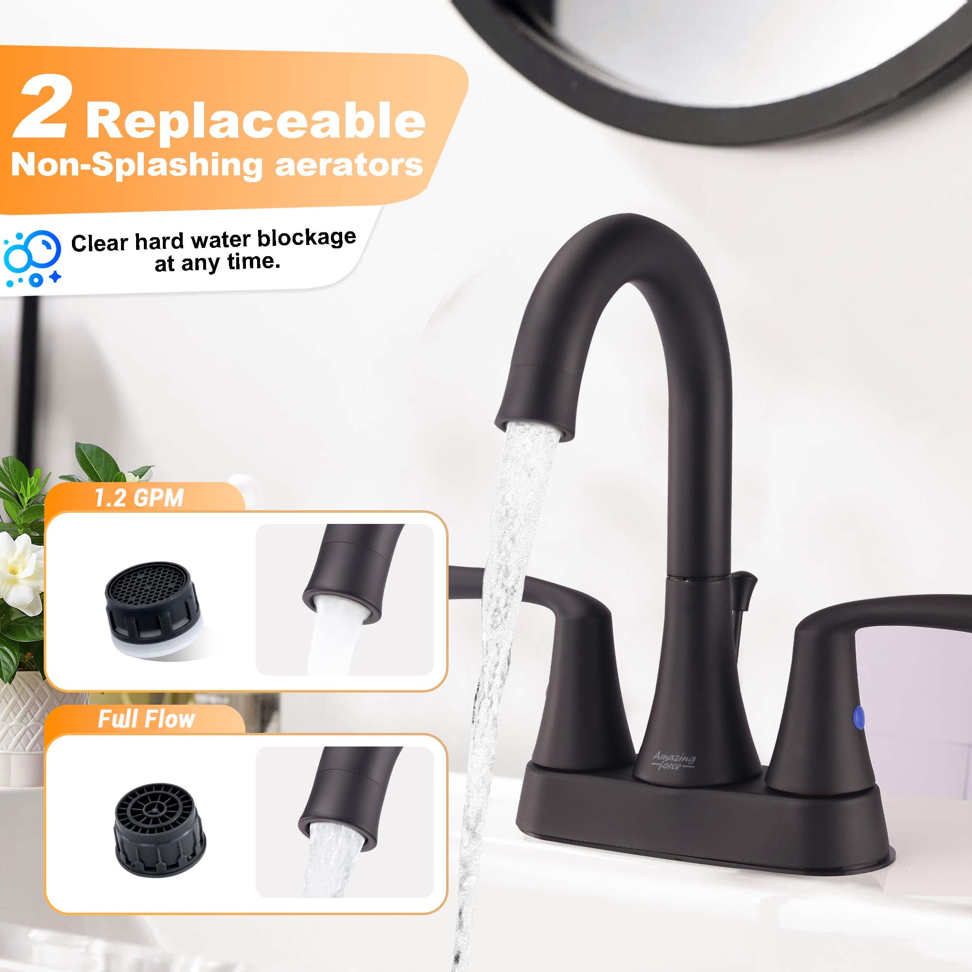 Sunrinx 4-Inch Bathroom Sink Faucet Matte Black 2 Handle Centerset High Arc Swivel Faucet