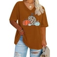 thumbnail image 1 of Puntoco Camiseta básica de verano de color liso con mangas cortas y cuello en V grande con diseño de calabaza de Acción de Gracias para mujer, 1 of 4