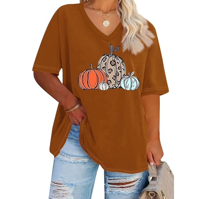 Puntoco Camiseta básica de verano de color liso con mangas cortas y cuello en V grande con diseño de calabaza de Acción de Gracias para mujer