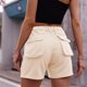 thumbnail image 3 of Pantalones cortos de mezclilla con bolsillo Pierna recta Cintura elástica Botón Cremallera Pantalones cortos de mezclilla de talle alto para verano Caqui claro M, 3 of 6
