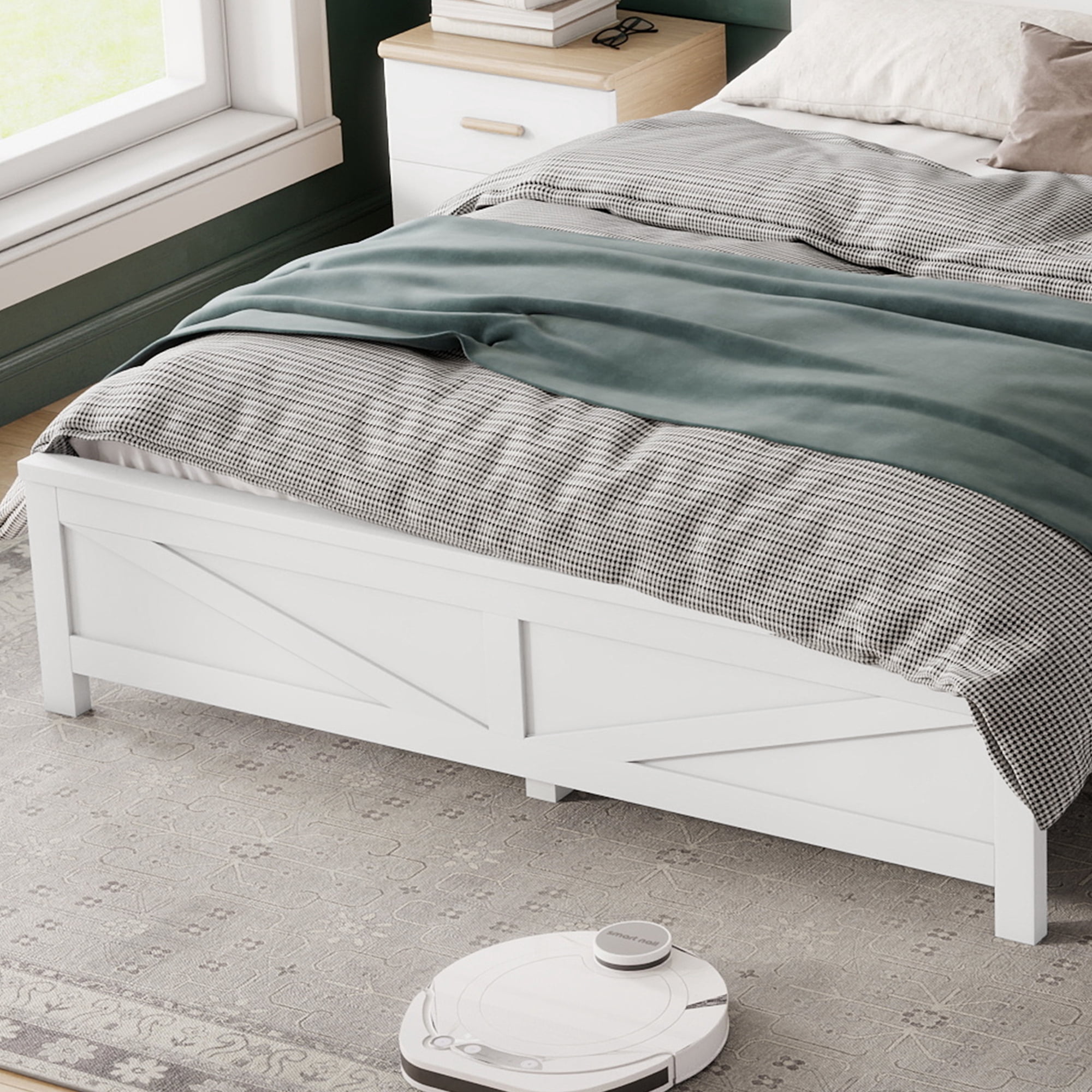 Leumius Farmhouse Style Queen Size Bed with Barn Door Designed Headboard and Footboard, Pinewood Bed with Strengthened Bed Frame for Teens Adults White