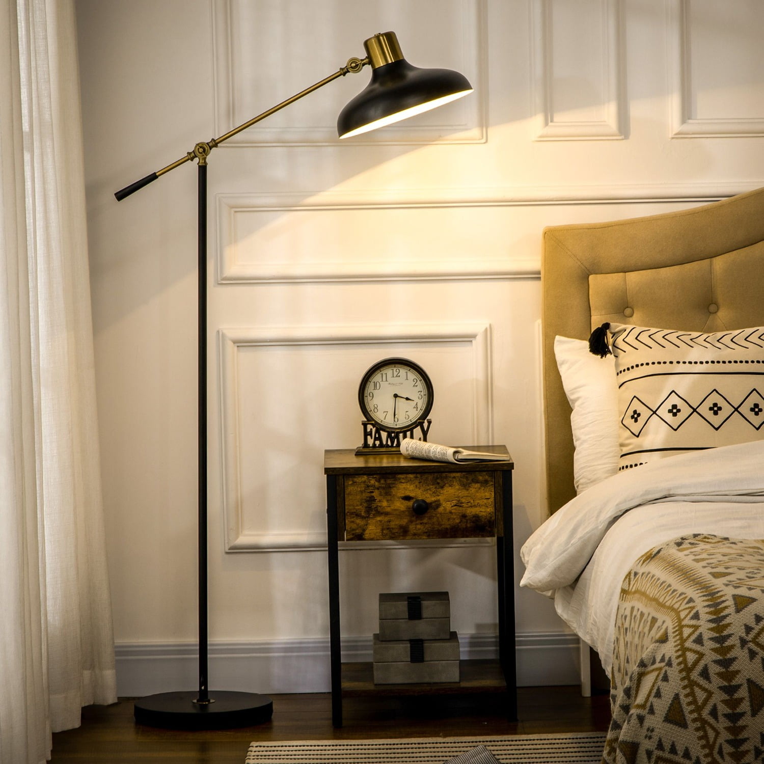 Industrial Adjustable Floor Lamp with Balance Arm - Black and Gold 48.75"-65" Height for Living Room Reading