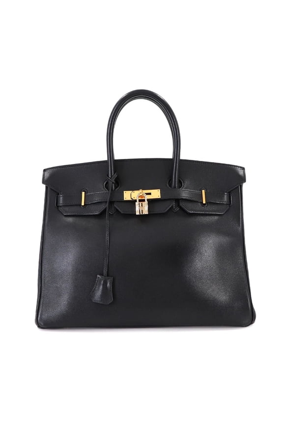 Pre-Owned Hermes Herms Birkin 35 Evercalf Black Handbag with X Stamp, Made in 1994, Gold...