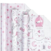 Baby Shower Wrapping Paper - Baby Girl Mini Roll - Bear Toy/ Balloon, Baby/ Star Print in Pink - 17 x 120 inches - 3 Rolls (42.5 sq.ft.ttl.)