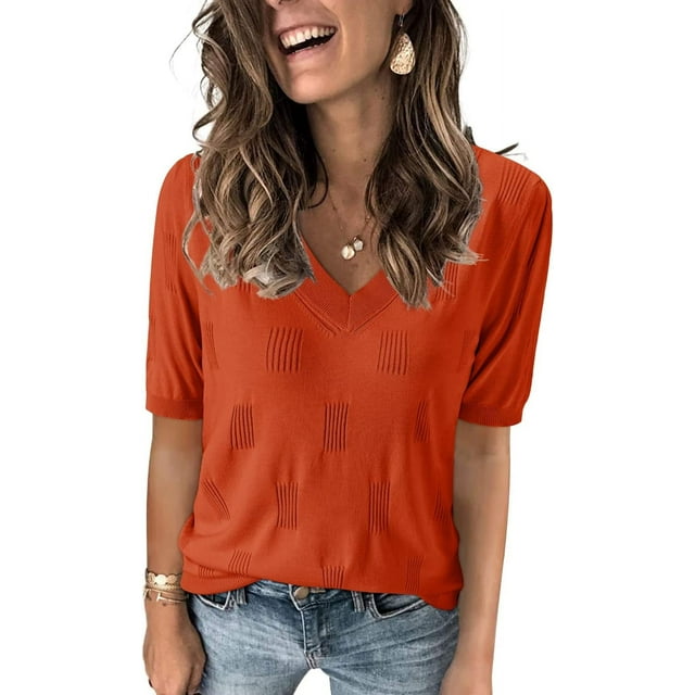 Arach&Cloz Women's V-Neck Short Sleeve Special Rib Knitted Pattern Casual Tops Sweater Spring Summer 2025