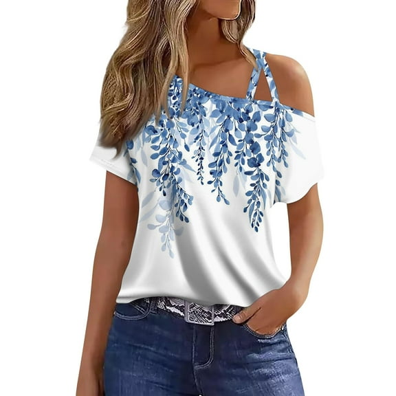 GceSteap Summer Shirts for Women Off The Shoulder Short Sleeve Asymmetrical Neck Tops Criss Cross Blouses Ethnic Floral Print Clothes 2024 Light Blue M