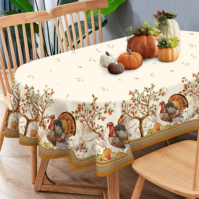 Fall Thanksgiving Double Border Decoration Tablecloth,Turkey & Pumpkin ...