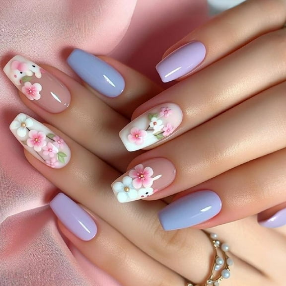 JZROCKER 24 Pcs Simple Artificial Nails Long Shape Full Covers False Nails Glossy Stick on Nails Flowers Press On Nails