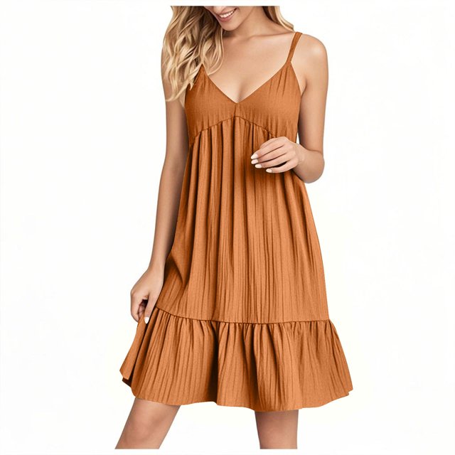 Robe Mini à Bretelles Spaghetti Col en V d'Été pour Femmes, Robe Tunique à Manches Courtes Décontractée, Volants à Étages, Plage, Ligne A, Courte, Robes d'Été