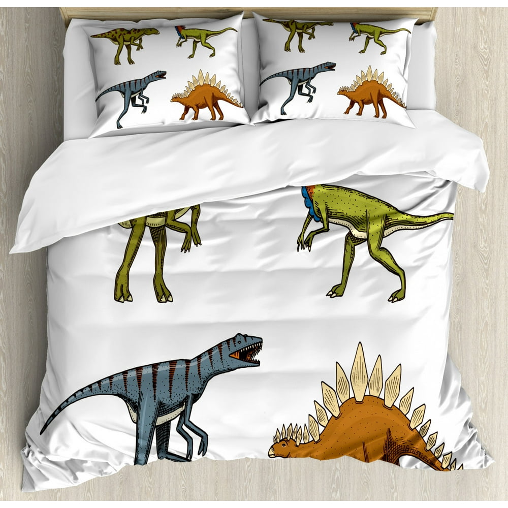 Dinosaur Duvet Cover Set Queen Size, Wild Fossils Prehistoric Scary