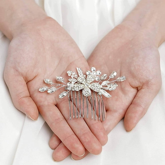 Silver Bride Wedding Hair Comb Crystal Bridal Side Comb Flower Hair Piece Leaf Hair Accessories for Women and Girls (A-Silver)